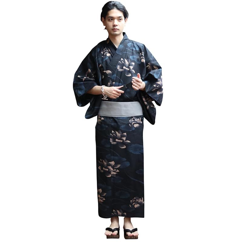 8 eight エイト 和柄 総柄 浴衣 3点セット メンズ 浴衣 帯 下駄 コットン 蓮の花ネイビーLL