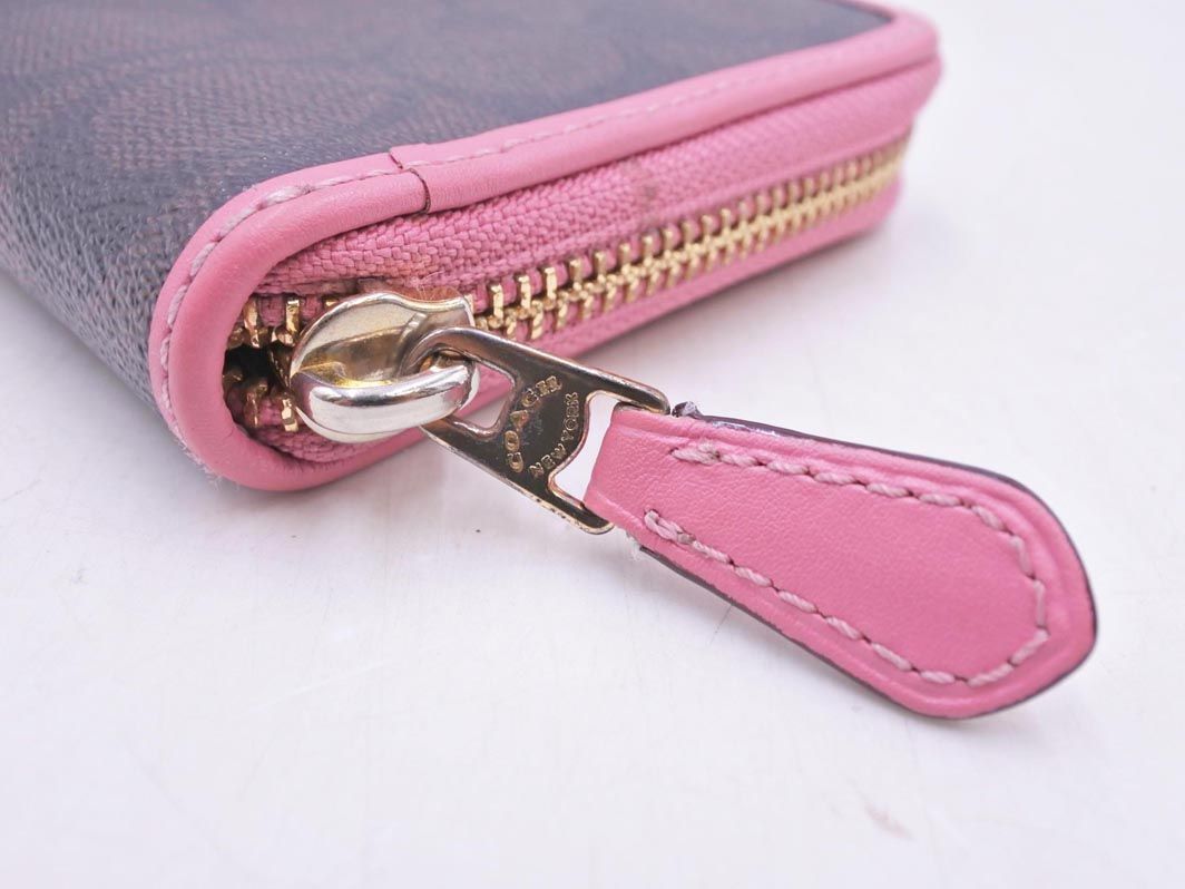 COACH コーチ　シグネチャー パーフォレーテッド ラウンドファスナー　ピンク COACH コーチ シグネチャー ラウンドファスナー 長 財布 茶x