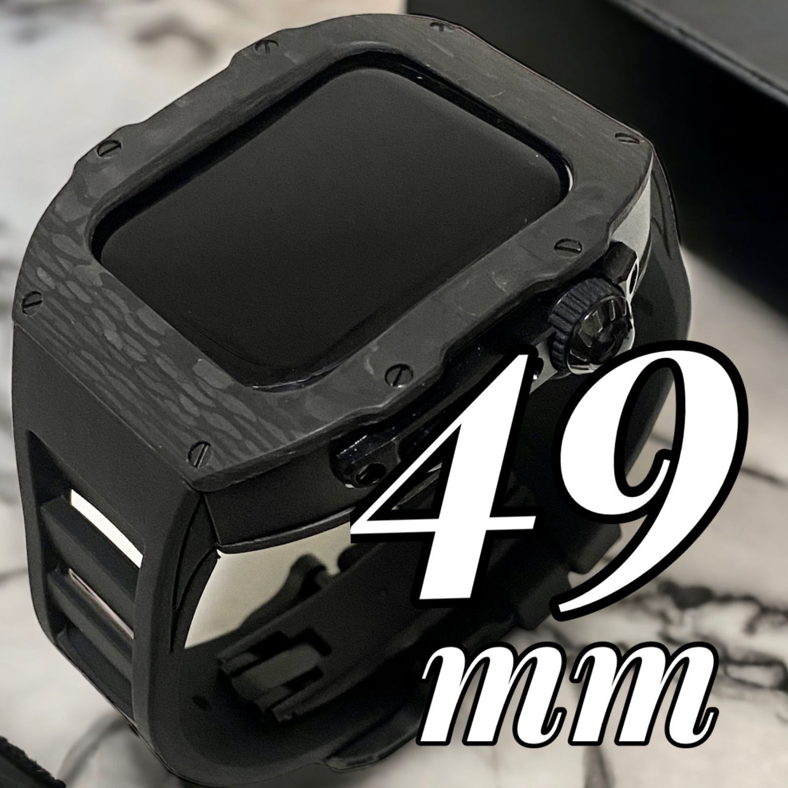 ブラック アップルウォッチバンド ラバーベルト カバー　ステンレス Apple Watch ケース 49mm ウルトラ　ultra カーボン メンズ  レディース