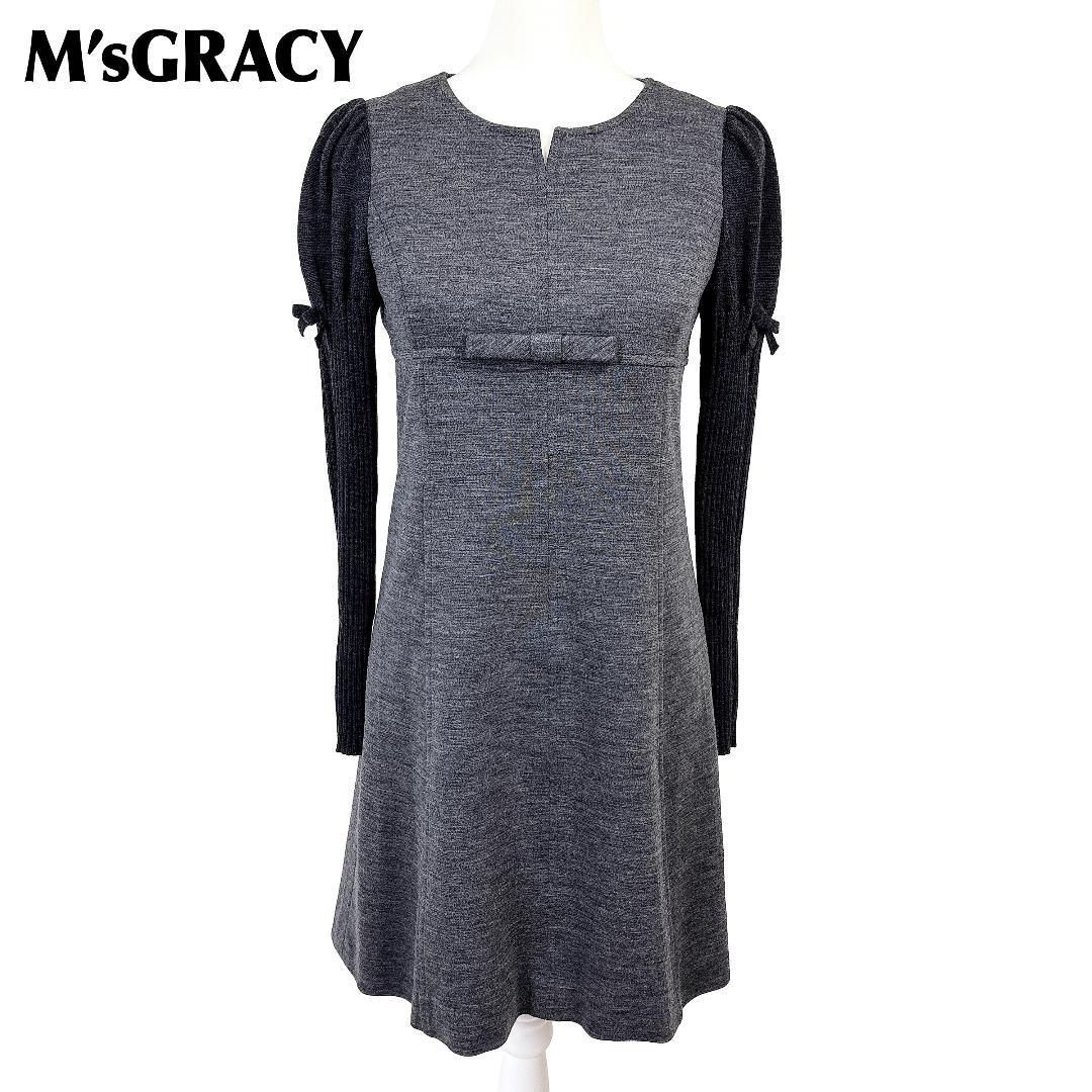 M sGRACY ニット袖フ ワンピース バイカラー 36 グレー