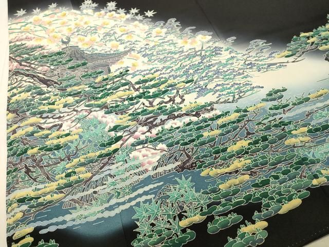 平和屋着物○本加賀友禅作家 杉浦 伸 黒留袖 風景枝花松文 暈し染め  