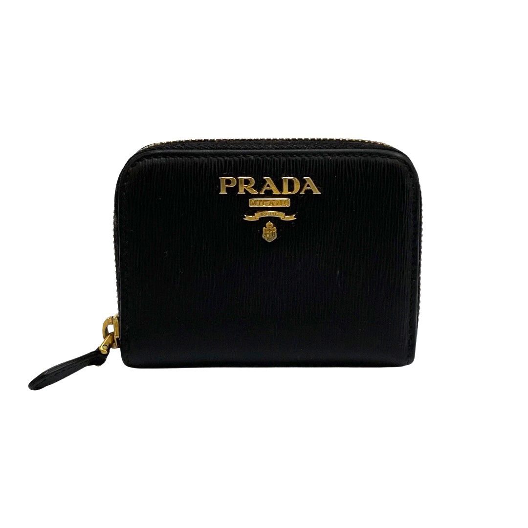 極 美品 箱 カード付 PRADA プラダ ロゴ 金具 レザー 本革 ラウンド