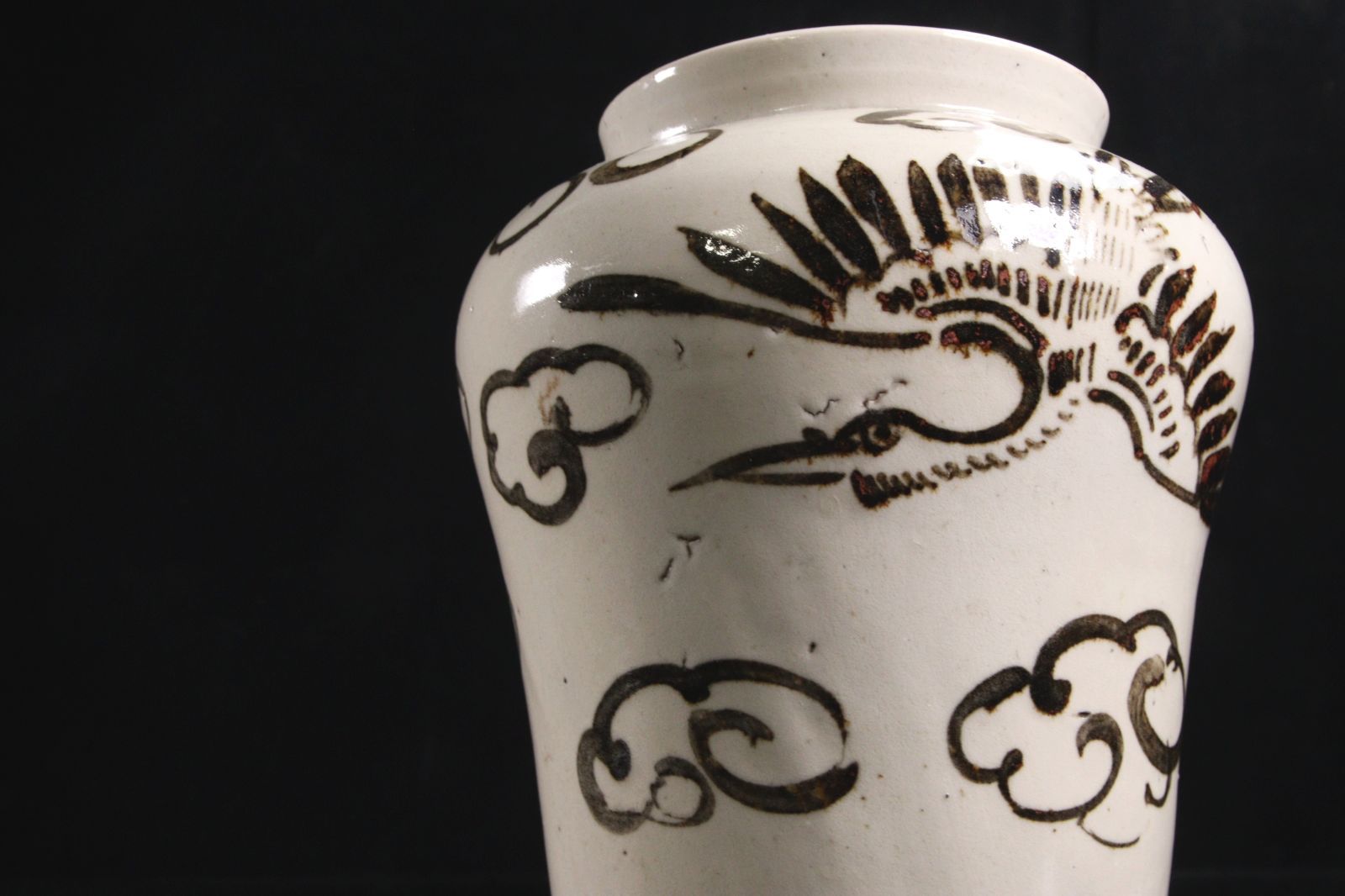 李朝時代 白磁製 鉄絵雲鶴文花瓶 25cm 箱付 朝鮮古