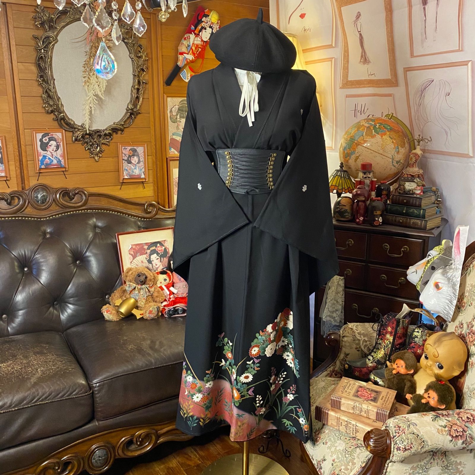 黒留袖 着物 リメイク ワンピース セミロングドレス 和洋折衷 洗える