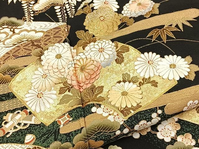 平和屋着物□豪華黒留袖 駒刺繍 松竹梅 エ霞地紙花文 金糸 金彩 平和屋着物□豪華黒留袖 駒刺繍 松竹梅 エ霞地紙花文 金糸 金彩