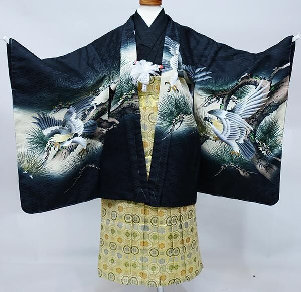 七五三 五歳 男児 羽織袴フルセット 着物 金刺繍 黒地 鷹 お仕立て無料