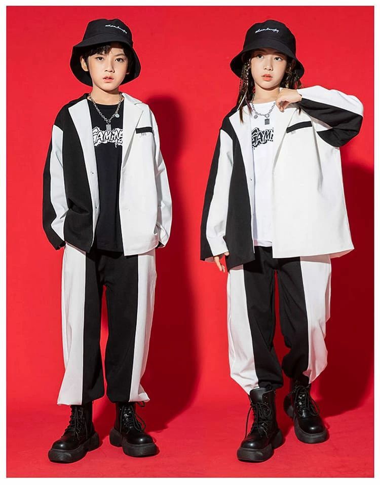 キッズダンス 衣装 子供服 ダンスウェア スーツ 長袖 黒白 発表会 個性的 ヒップホップ 男の子 女の子 トップス Tシャツ パンツ セットアッ