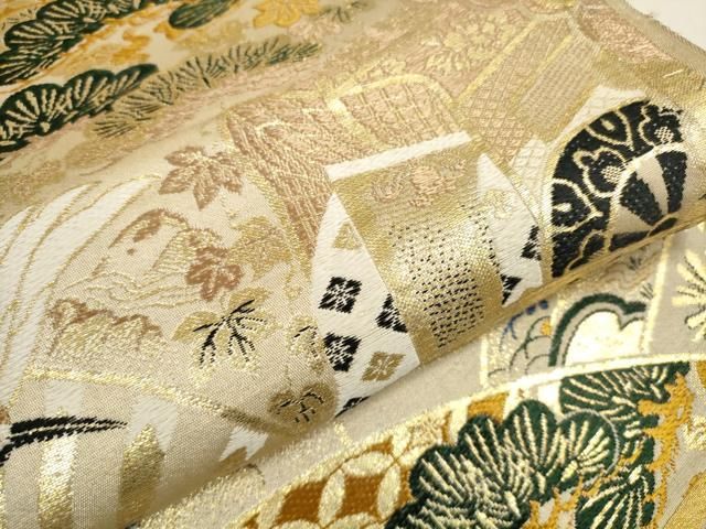 平和屋着物▽アンティーク 大正ロマン 丸帯 帯反物 唐織 扇面飛鶴花文