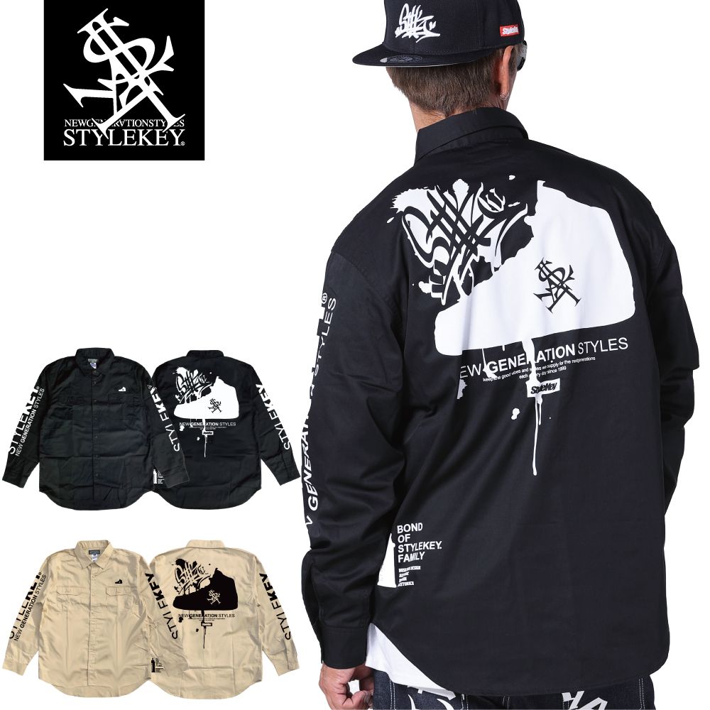 STYLEKEY スタイルキー 長袖ワークシャツ ROYAL KICKS L/S WORK SHIRT (SK23FW-BL02) ストリート系 ヒップホップ B系 ロゴ 大きいサイズ