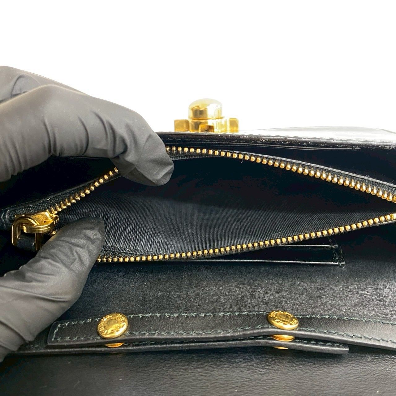 極 美品 ミラー付 PRADA プラダ ロゴ ゴールド 金具 レザー 本革