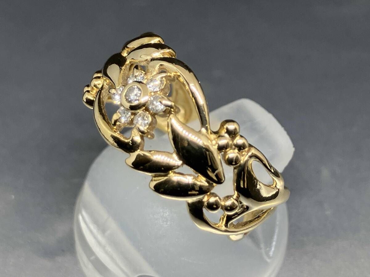 花模様の18金リング12号2.6g K18 ダイヤモンド フラワーモチーフリング 透かし模様 2.7g 12号