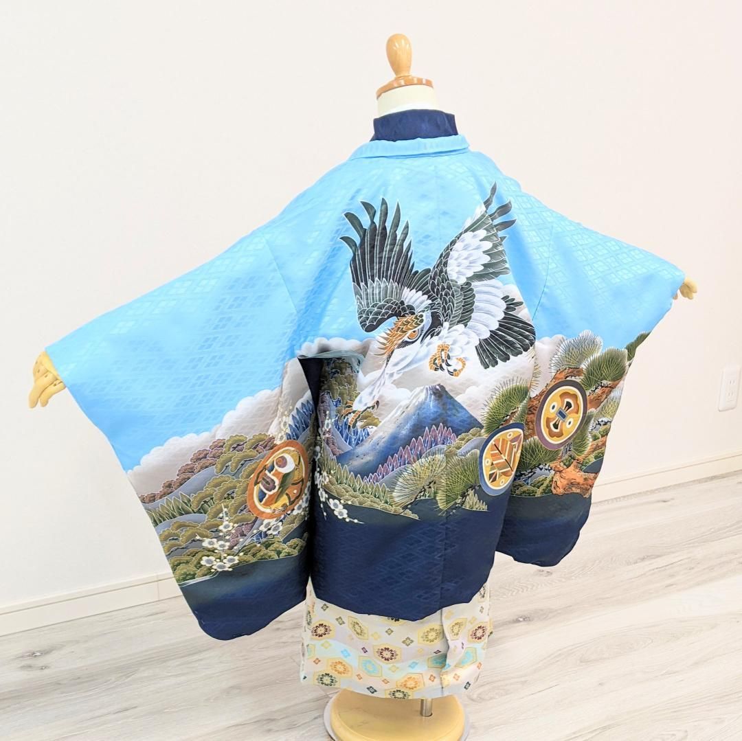 七五三 5歳 男の子 男児 着物 羽織 袴 セット 青 水色 鷹    和装