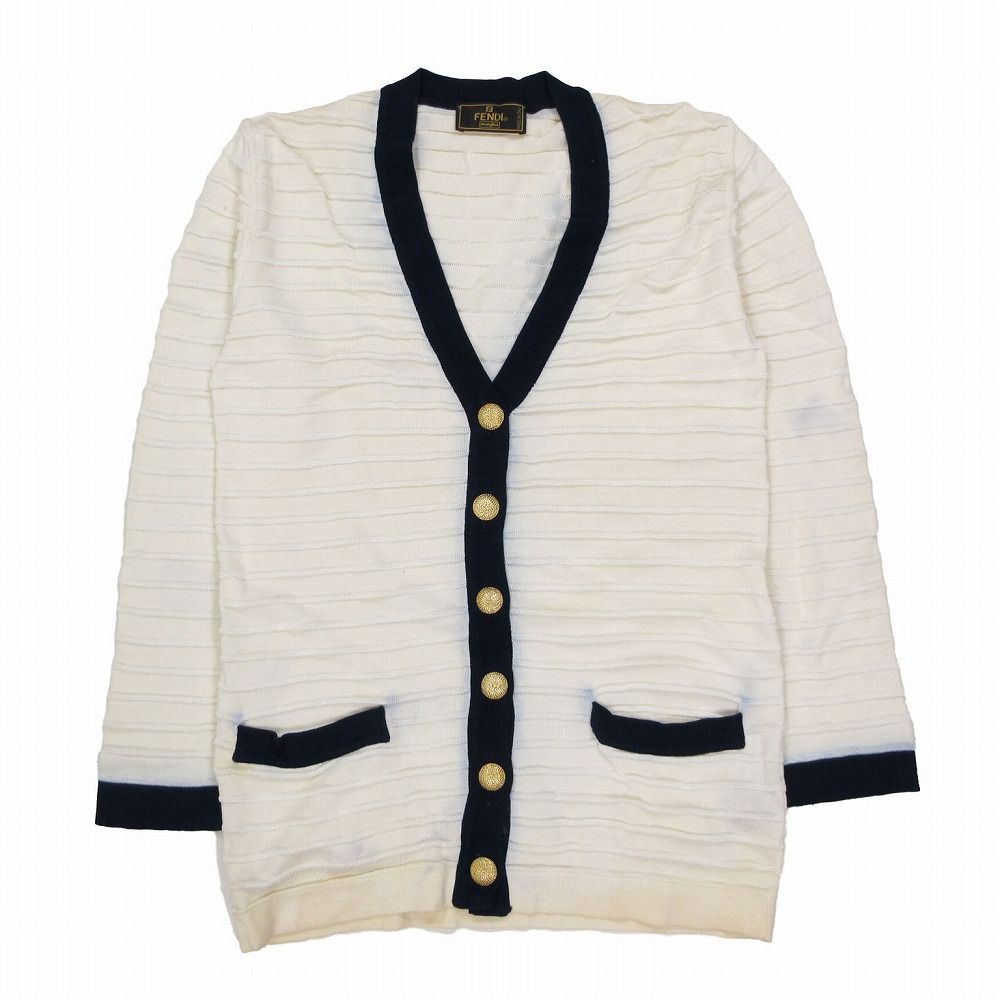 Vintage FENDI フェンディ 金ボタン ボーダー カーディガン ジャケット 配色 トリミング サイズ42 M ネイビー レディース 【中古】 Vintage FENDI フェンディ 金ボタン ボーダー カーディガン