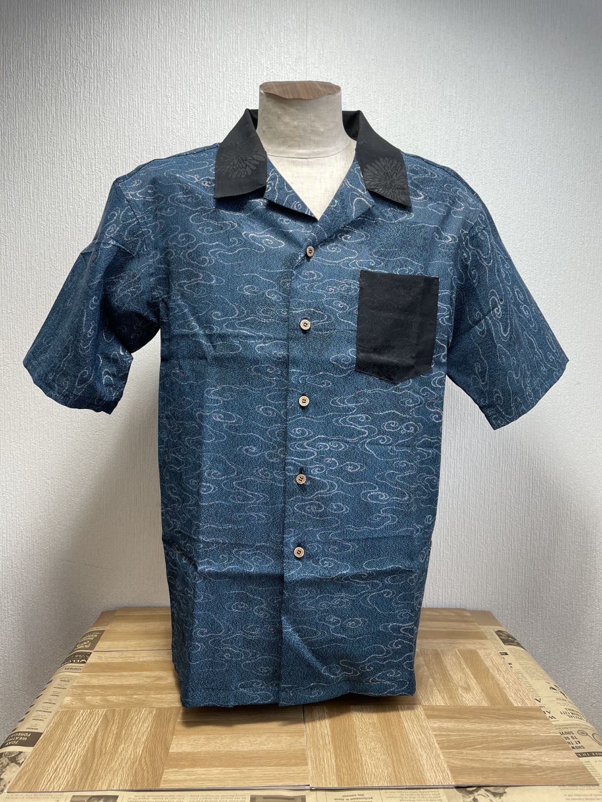 ＜試作品特価＞着物リメイクシャツ（メンズLサイズ）流水文の夏着物-7
