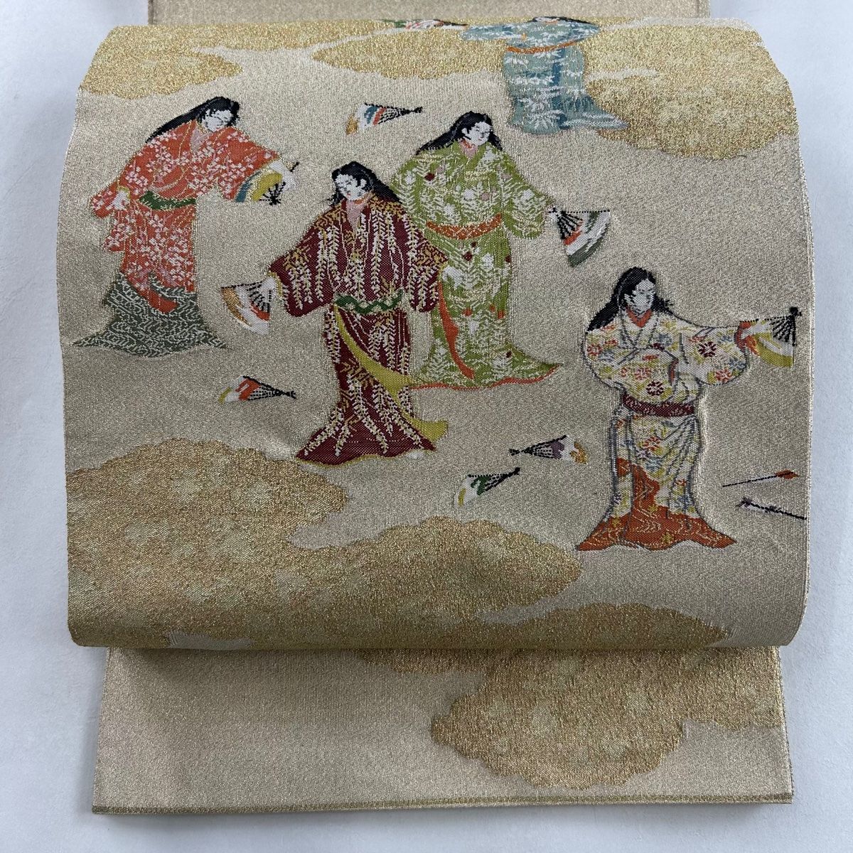 袋帯 美品 秀品 人物 雲文 金銀糸 金色 お太鼓柄 正絹 【中古
