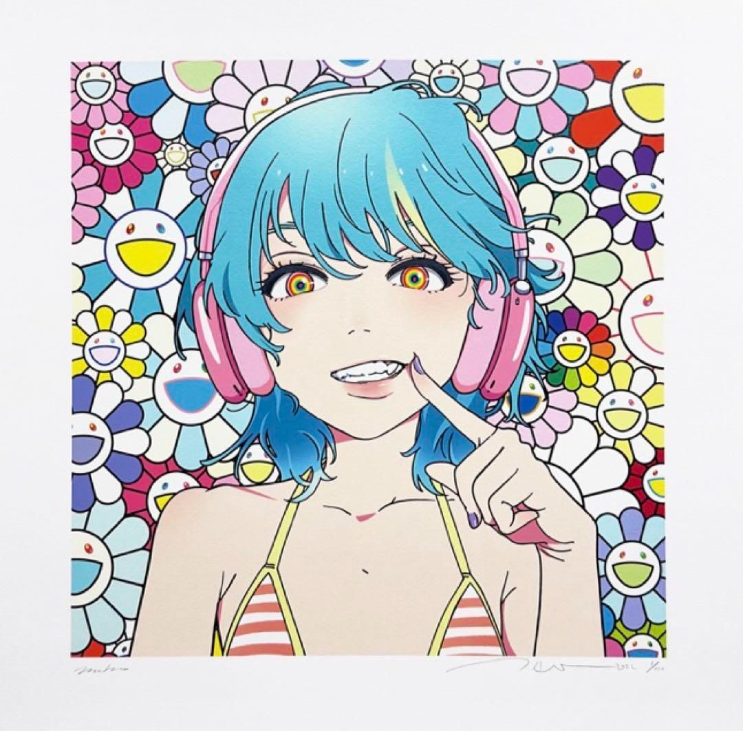 村上隆×Mebae smile 02 ブルーヘアー ピンクヘッドホン 版画 - メルカリ