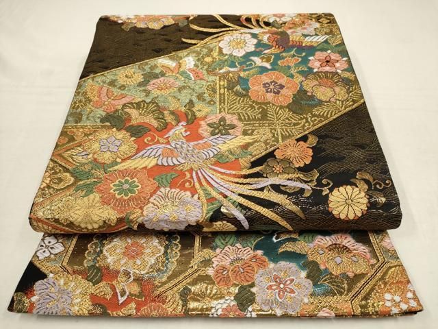 平和屋着物▽六通柄袋帯 唐織 鳳凰花蝶文 黒地 金糸 正絹 逸品