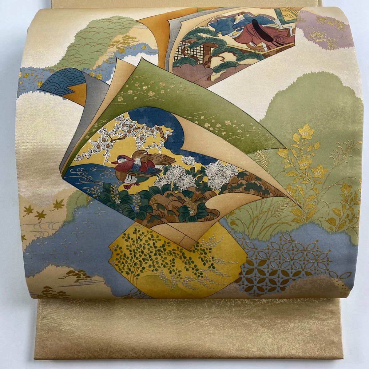 袋帯 名品 樽本伊勢蔵 落款 やまと 冊子 花鳥 金銀彩 箔 金色 お太鼓柄 正絹