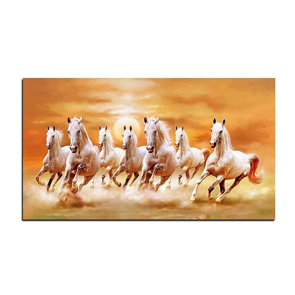 50*90cm サイズ 左に Color 7つの実行中の白い馬のポスター動物のキャンバスの絵画ゴールドの壁アートリビングルームの壁の装飾のための現代写真フレームレス 馬のポスター