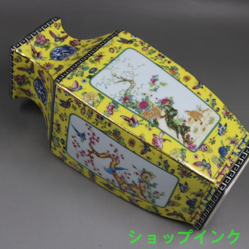 清乾隆琺瑯彩飄花黄地花鳥四方瓶 景徳鎮 陶磁器 装飾品 現代工芸