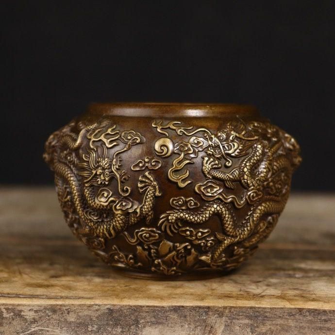 九龍.香筒  装飾品 現代工芸品 美術品 置物 九龍缶 お茶の缶 竜のかめ 銅 細工 装飾品 現代工芸品美術品