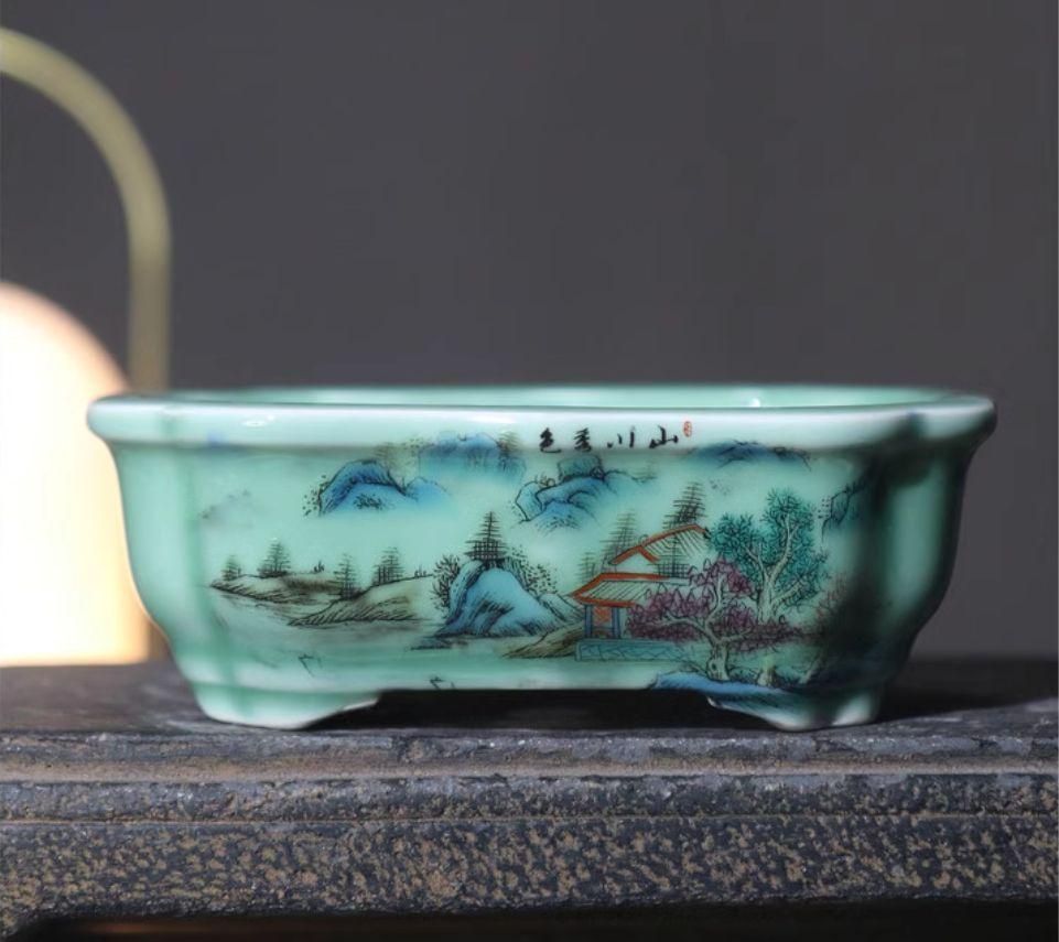 青花磁器の五色手描き風景図 盆栽鉢 植木鉢 小品盆栽鉢 大品盆栽鉢 青花磁器の五色手描き風景図 盆栽鉢 植木鉢 小品盆栽鉢 大品盆栽鉢