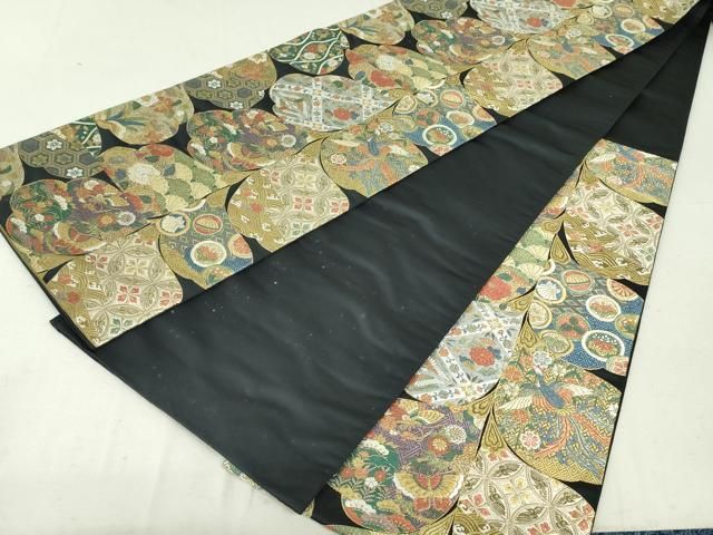 平和屋着物●六通柄袋帯　唐織　明繍豊彩文　黒地　金糸　正絹　逸品　DAAT7766ob 平和屋着物○六通柄袋帯 唐織 明繍豊彩文 黒地 金糸 正絹 逸品