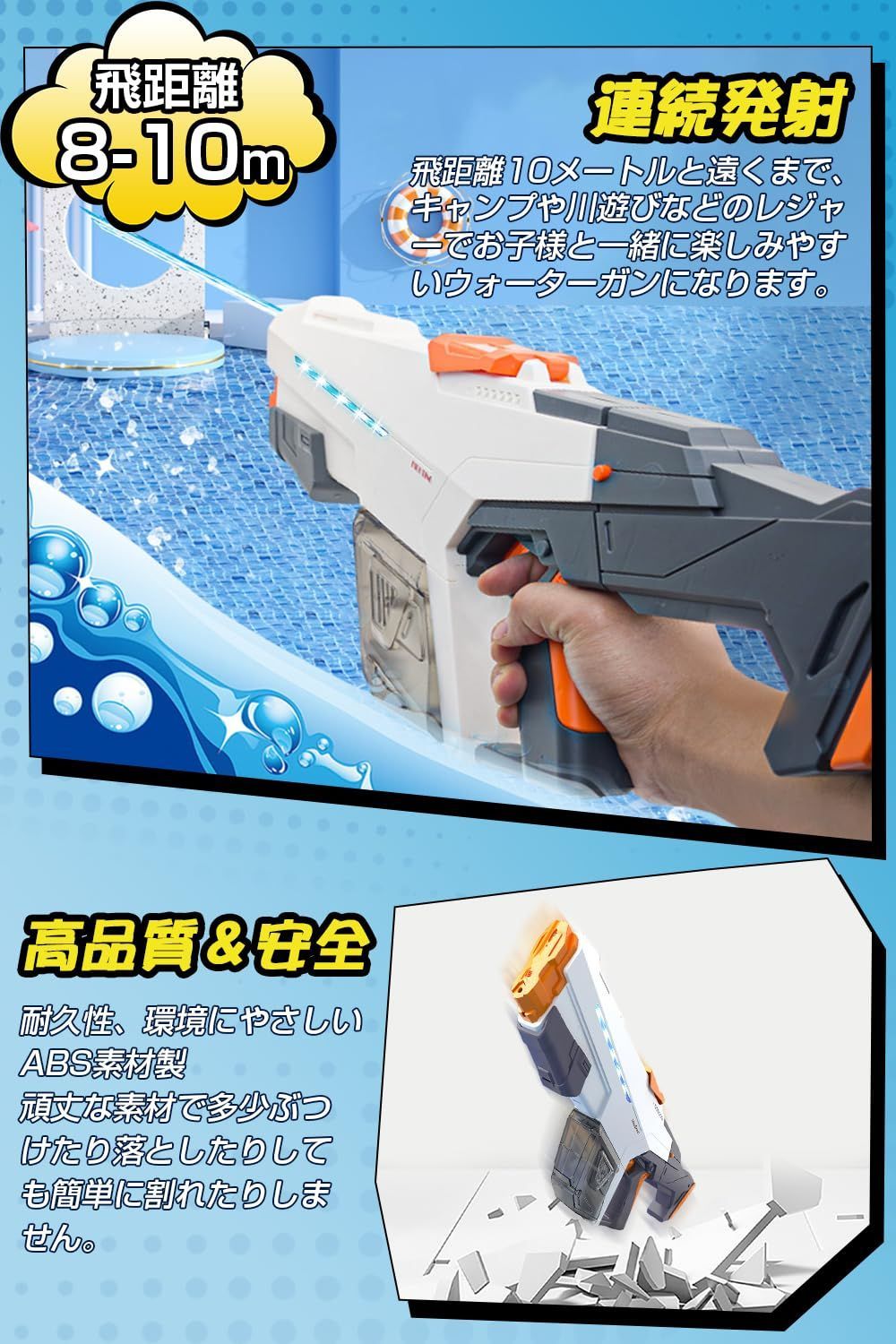 LEDライト&自動給水＆2個バッテリー付き】 電動水鉄砲 大容量