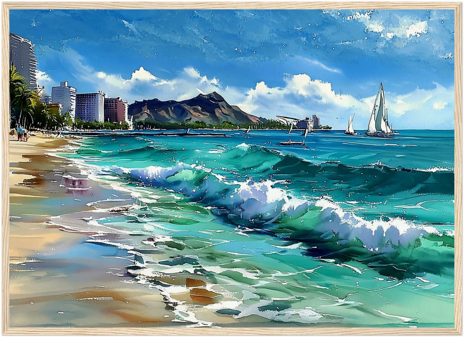 輝く波とダイヤモンドヘッド｜ハワイアンアート Leaf Aloha