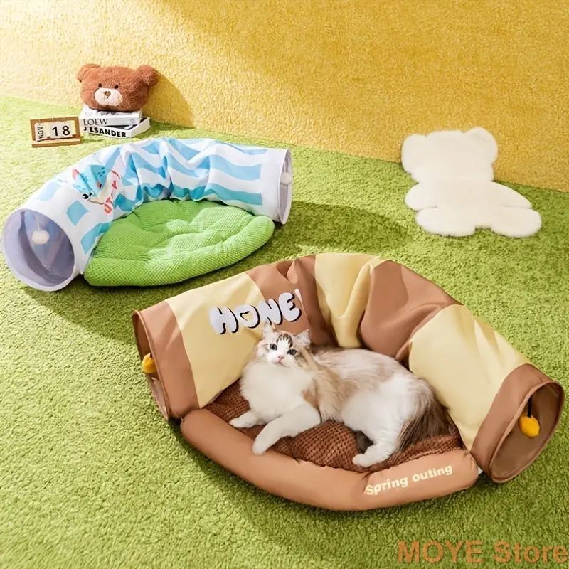 猫用 トンネル ペットベッド クッション やわらかい ふわふわ ふかふか 洗える 滑り止め底 多機能 おもちゃ ボール 運動不足解消 ポリエステル ブラウン グリーン 多頭飼い 猫用 小型猫 中型猫