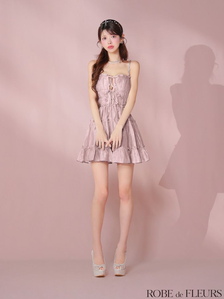 ピンク S fm3377 FM3377 ROBE de FLEURS ローブドフルール シャーリング サテン リボン ウエストスリット フ ミニドレス キャバドレス ナイトドレス ワンピース