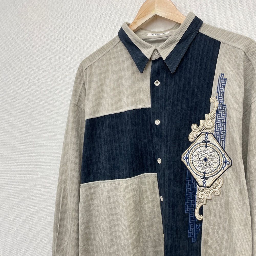 SUPERIOR ベロア シャツ ロングスリーブ 50 ベージュ系×ネイビー