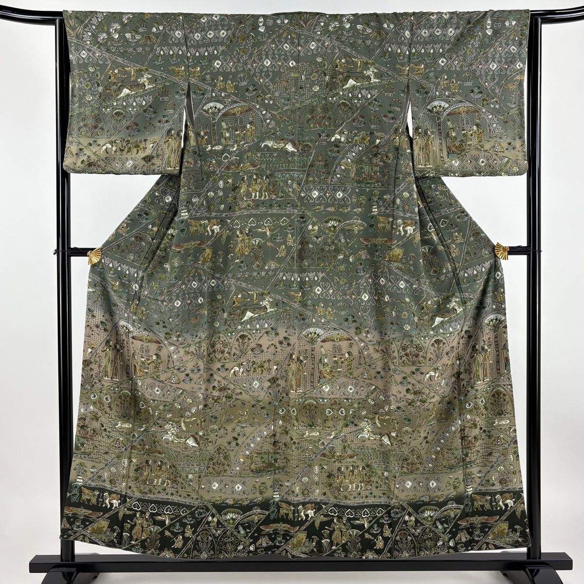 訪問着 身丈155cm 裄丈64.5cm M 袷 コプト柄 草花 刺繍 金糸 灰