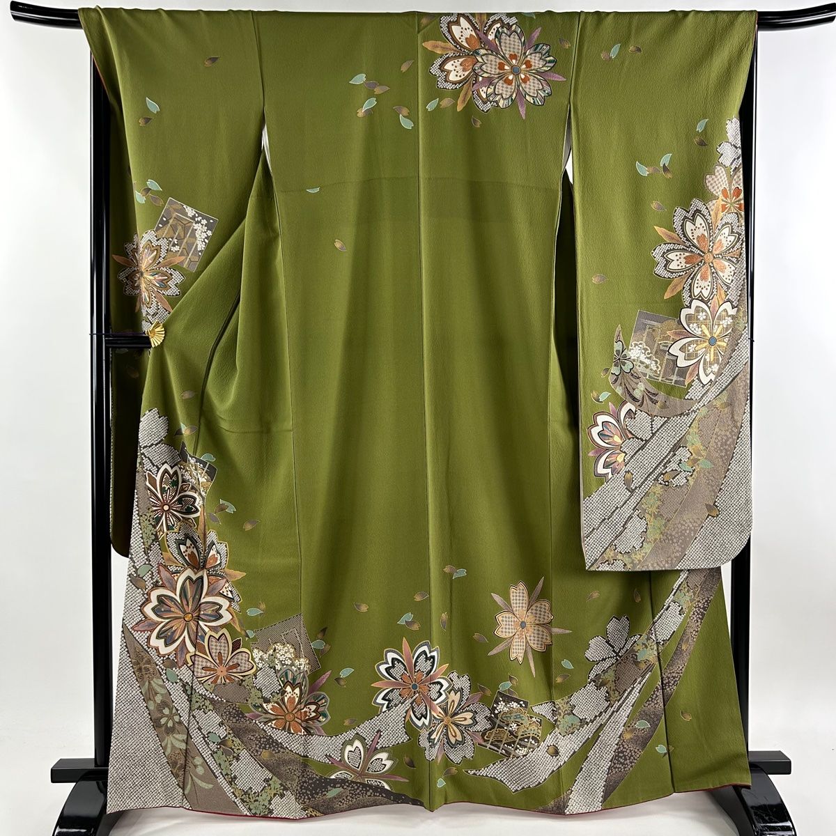 振袖 身丈165cm 裄丈68cm L 袷 桜 熨斗 金糸 金彩 鶯色 正絹 美品 名品 【中古】