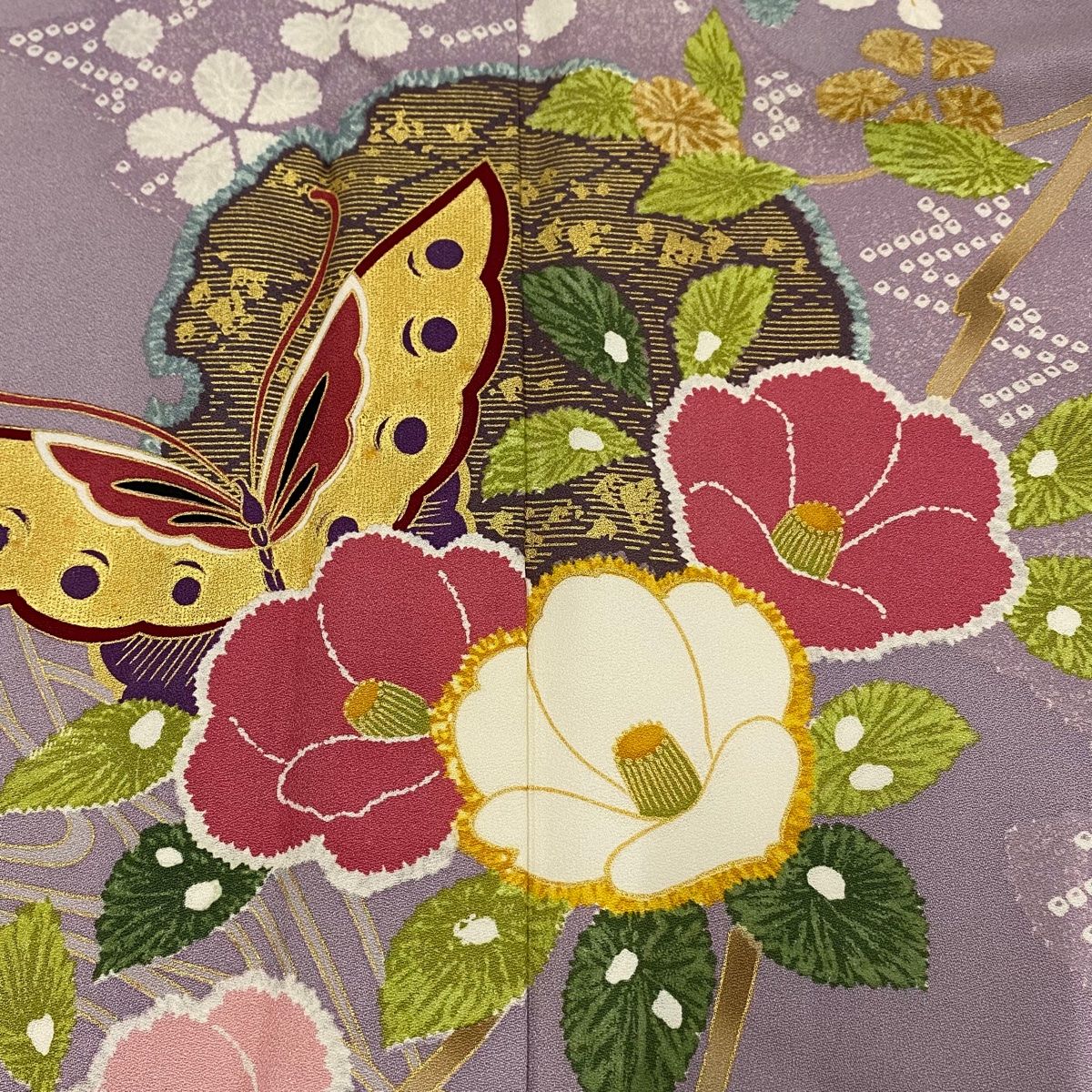 502z34☆個性的！作家物 振袖 金彩 身幅広め 椿☆美品 成人式 結婚式 502z34☆個性的！作家物 振袖 金彩 身幅広め 椿☆美品 成人式
