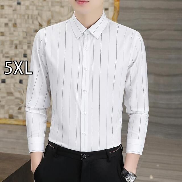 [5XL]メンズ ファッション 服 用 オシャレ シンプル 大人 かっこいい 大きいサイズ ストリート 紳士服 スリム ストライプ ブルー ホワイト シャツ 長袖 ビジネス カジュアル フォーマル ノーアイロン ワークシャツ