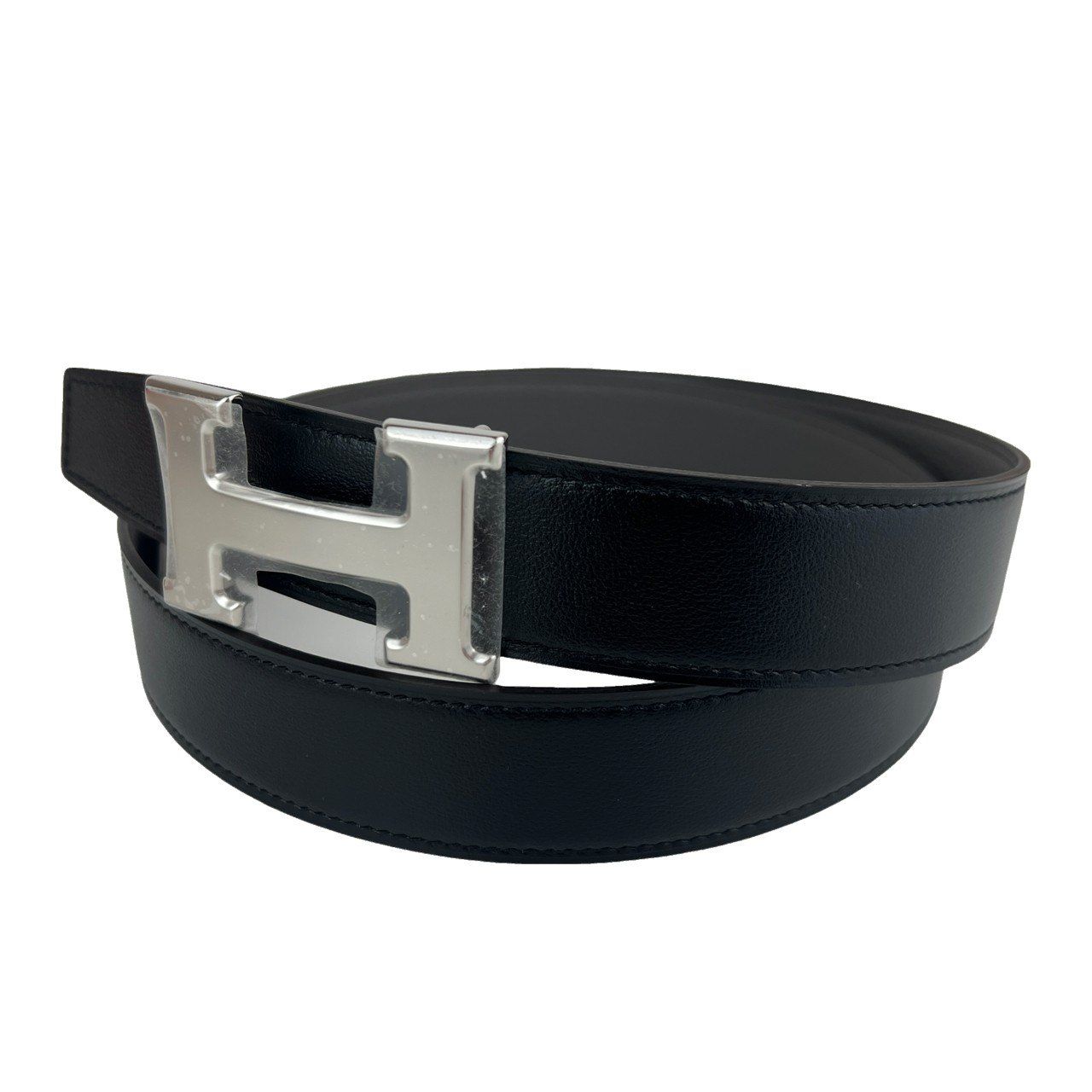 HERMES エルメス Ceinture H boucleArgent Cuir seul de ceinture H 95 Hベルトバックル リバーシブルベルトレザー カーフ トゴ Black ブラック|Etain エタン 95 ベルト幅 32 mm