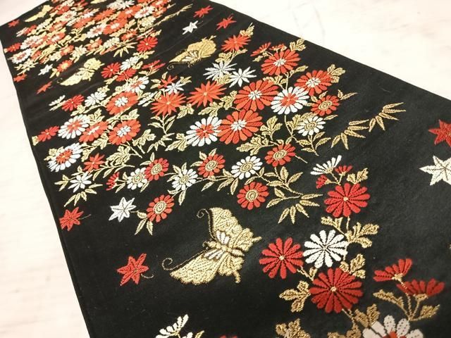 モダンな京袋帯　正絹　美品 平和屋着物◎六通柄袋帯 唐織 草花風景文 金銀糸 正絹 逸品