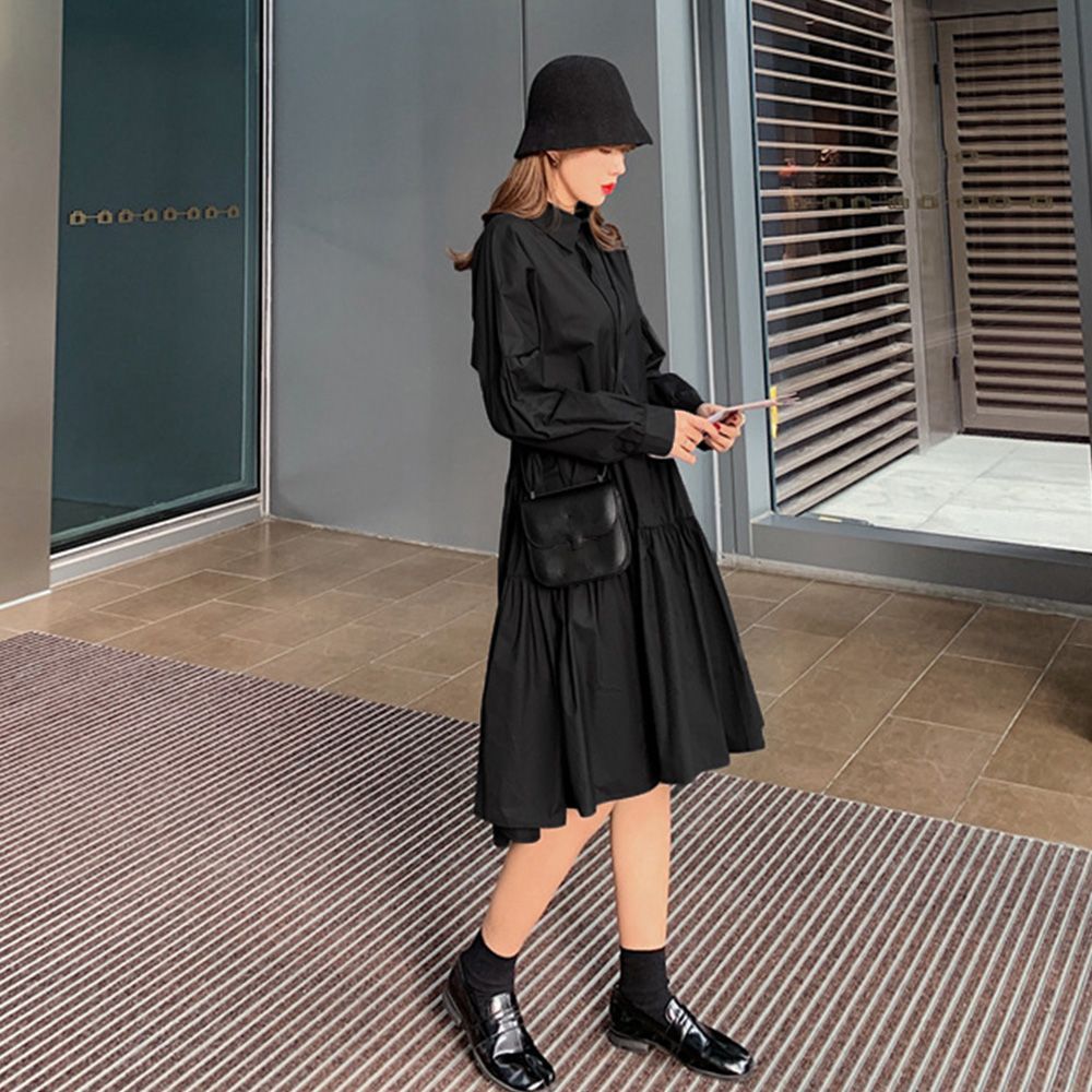 シャツワンピース ひざ丈 長袖 ティアード エレガント シック 大人