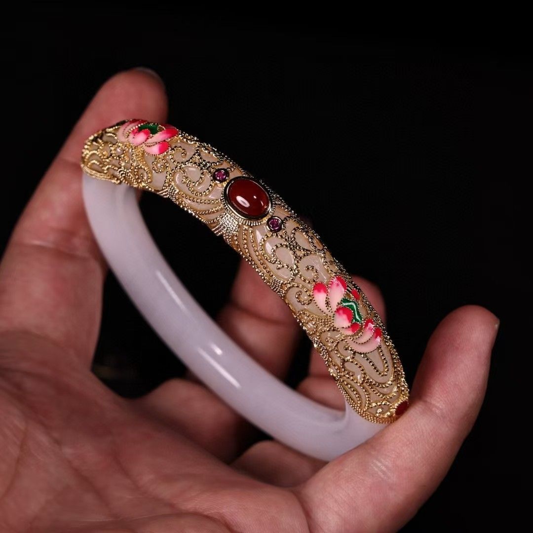 中国古美術.白玉腕輪.宝石を嵌める.木箱付.昔の貴婦人アクセサリー