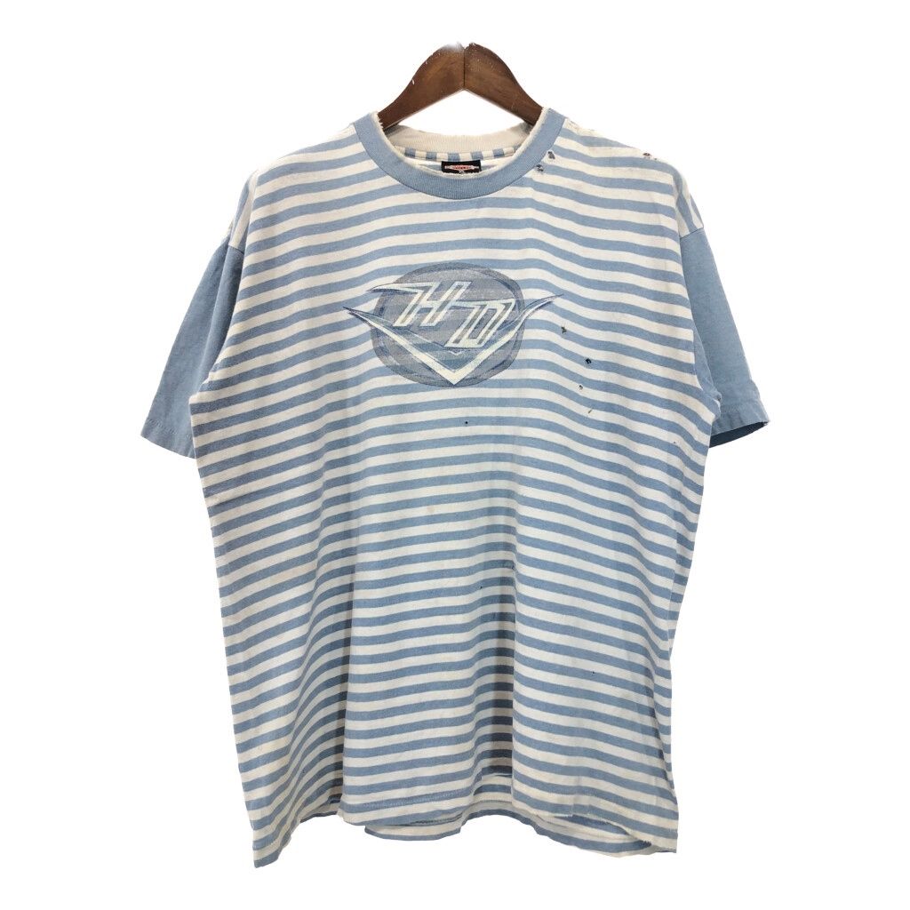 90年代 HARLEY DAVIDSON ハーレーダビッドソン 半袖Ｔシャツ モーターサイクル ボーダー ライトブルー メンズ XL 古着 U2156