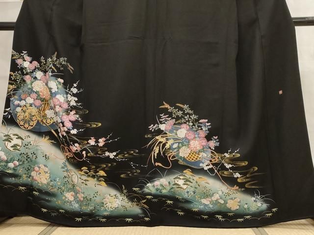 平和屋着物□豪華黒留袖 作家物 駒刺繍 流水花車文 暈し染め