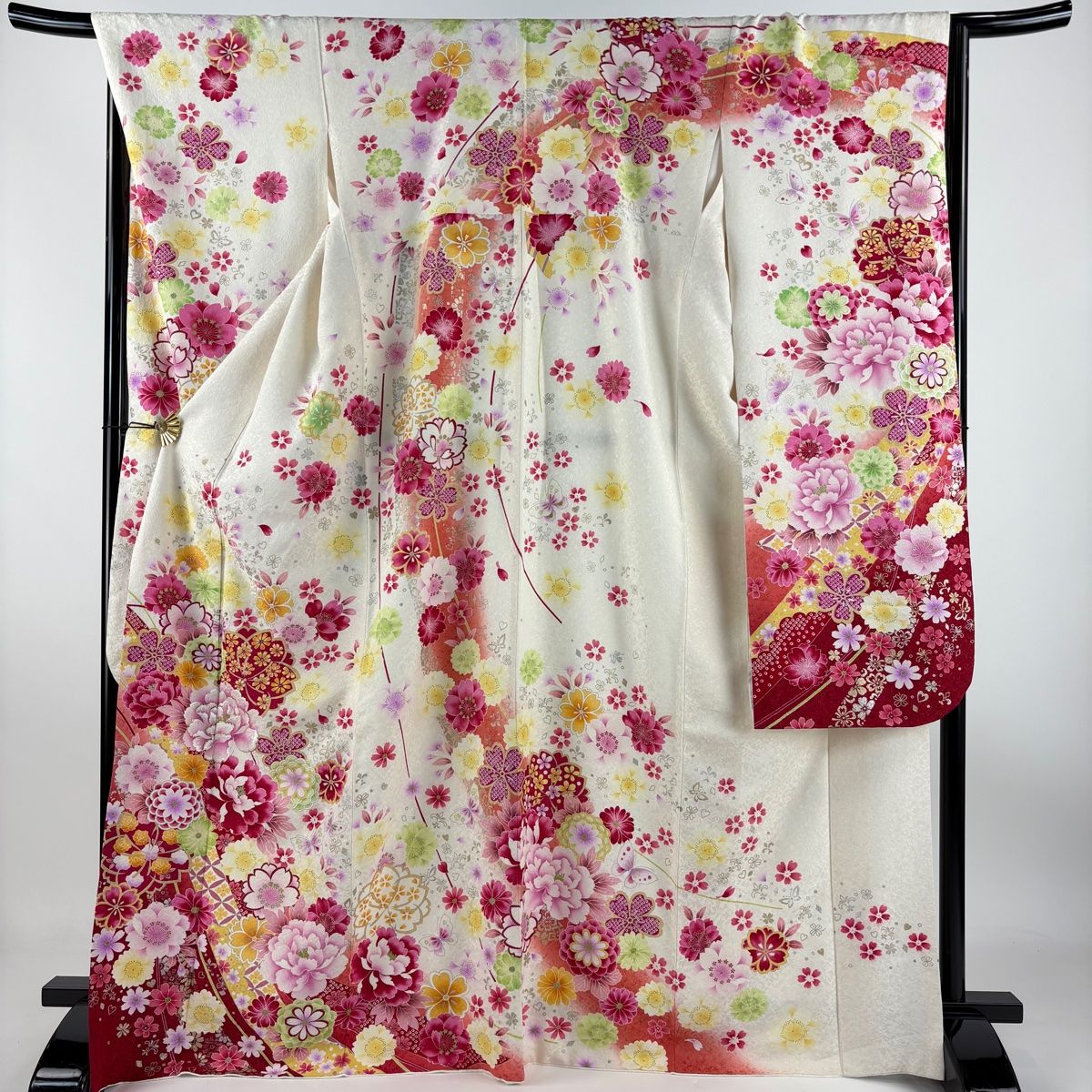 振袖 身丈168.5cm 裄丈67.5cm L 袷 牡丹 桜 銀通し 箔 クリーム 正絹