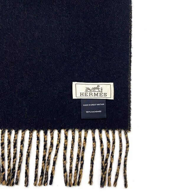エルメス マフラー ネイビー ブラウン 美品 クリーニング済み カシミヤ  