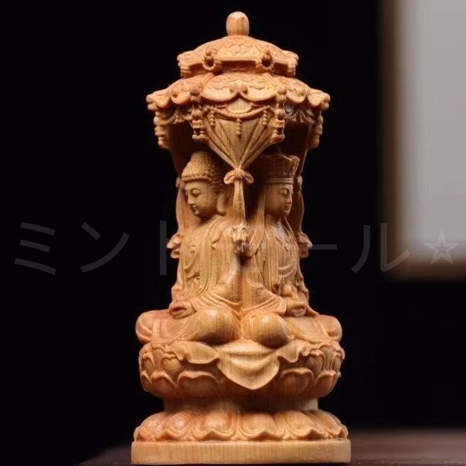木彫仏像 三面 婆娑三聖座像 阿弥陀仏三尊（観世音菩薩 阿弥陀仏