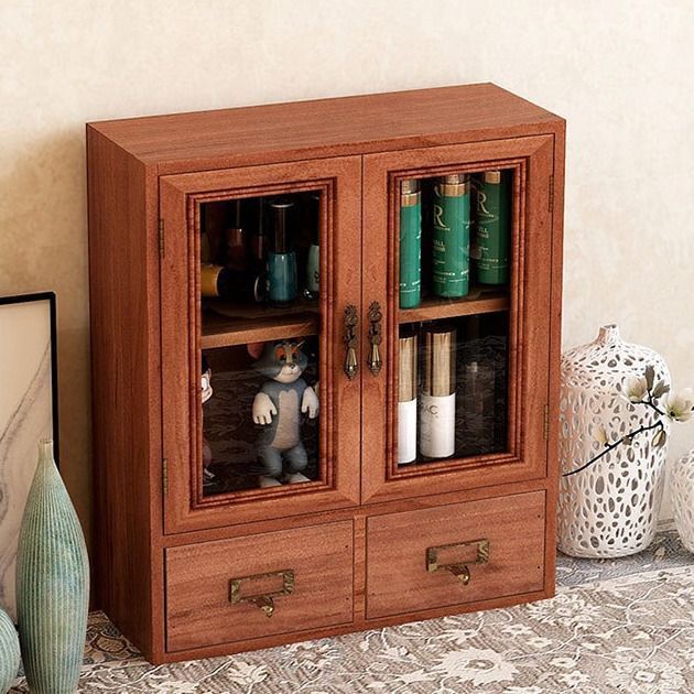 ガラスキャビネット 卓上 両開き 収納ケース 引き出し付き 木製