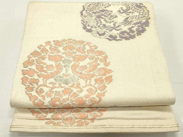 平和屋着物●アンティーク 大正ロマン 六通柄 本袋帯 唐織 龍 鳳凰正倉院更紗花文 肌色 金糸 正絹 DAAW6841ob