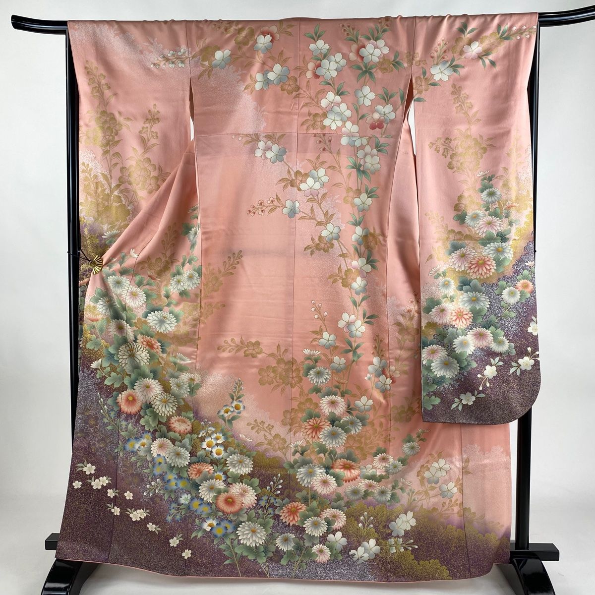 振袖 身丈164.5cm 裄丈66.5cm M 袷 菊 桜 金糸 金彩 ピンク 正絹