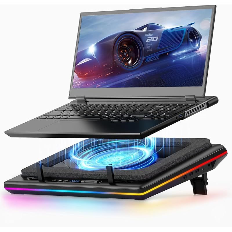 新時流 特許取得済 llano ノートパソコン 冷却パッド 冷却ファン 冷却台 ターボブースト技術 空冷式冷却 無段階風量調整 RGBライト 3 in 1 USBハブ LED ディスプレイ 90秒急速冷却 14cm大口径遠心ファン 360° 0