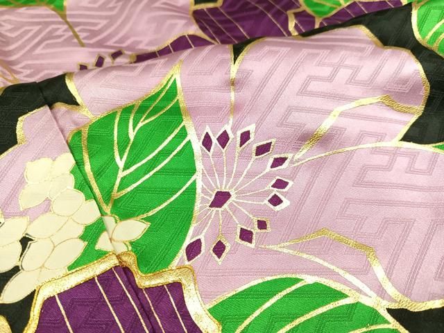 平和屋着物○豪華振袖 駒刺繍 草花文 黒地 金彩 正絹 逸品 AABA1265ph